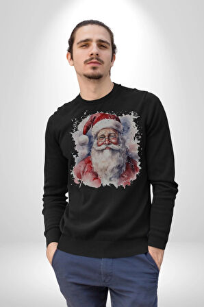 Mutlu Noel Baba Yeni Yıl Tasarımı Kadın Erkek  Siyah Baskılı Sweatshirt 