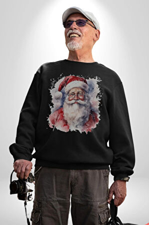 Mutlu Noel Baba Yeni Yıl Tasarımı Kadın Erkek  Siyah Baskılı Sweatshirt 