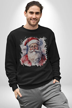 Mutlu Noel Baba Yeni Yıl Tasarımı Kadın Erkek  Siyah Baskılı Sweatshirt 