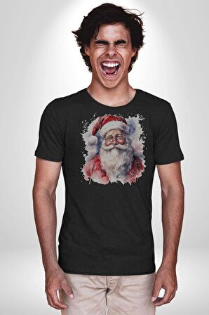 Mutlu Noel Baba Yeni Yıl Tasarımı Kadın Erkek Unisex Siyah Organik Baskılı T-Shirt Penye Yüksek Kalite