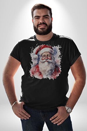 Mutlu Noel Baba Yeni Yıl Tasarımı Kadın Erkek Unisex Siyah Organik Baskılı T-Shirt Penye Yüksek Kalite