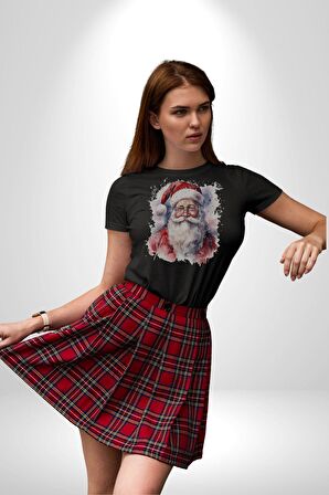 Mutlu Noel Baba Yeni Yıl Tasarımı Kadın Erkek Unisex Siyah Organik Baskılı T-Shirt Penye Yüksek Kalite