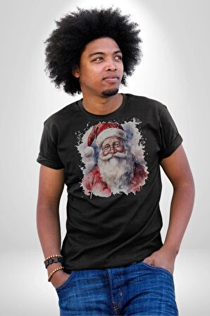 Mutlu Noel Baba Yeni Yıl Tasarımı Kadın Erkek Unisex Siyah Organik Baskılı T-Shirt Penye Yüksek Kalite