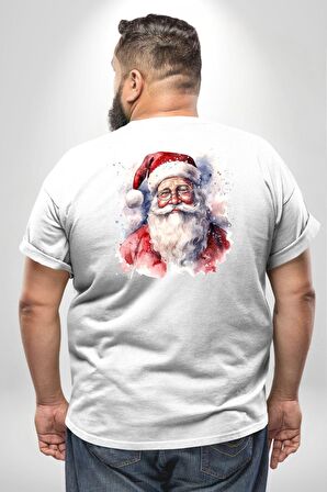 Mutlu Noel Baba Yeni Yıl Tasarımı Büyük Beden Beyaz Tişört Kadın Erkek Ünisex Sırt Baskılı