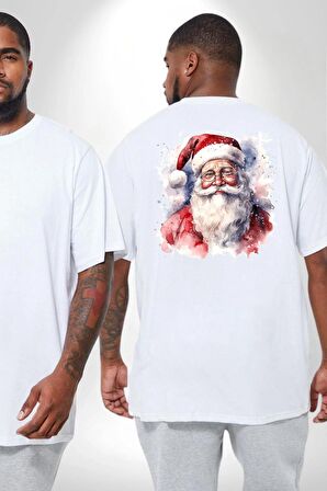 Mutlu Noel Baba Yeni Yıl Tasarımı Büyük Beden Beyaz Tişört Kadın Erkek Ünisex Sırt Baskılı
