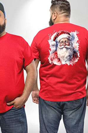 Mutlu Noel Baba Yeni Yıl Tasarımı Büyük Beden Kırmızı Tişört Kadın Erkek Ünisex Sırt Baskılı