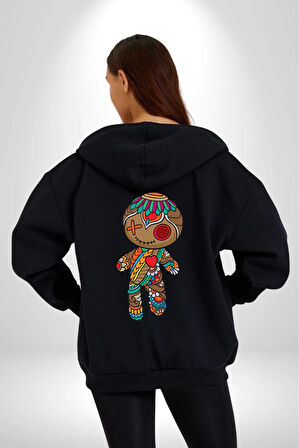 Voofoo Bebeği Doll Doldurulmuş Bebek Kadın Erkek Siyah Renk Kapüşonlu Kanguru Cepli  Fermuarlı Pamuklu Oversize Dijital Baskılı Hırka Sweatshirt