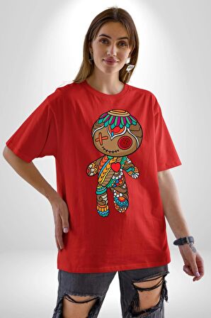 Voofoo Bebeği Doll Doldurulmuş Bebek Pamuklu Bisiklet Yaka Kadın Erkek Oversize Boyfriend Dijital Baskılı Kırmızı T-Shirt