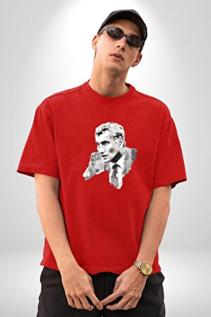 Yılmaz Güney Karakalem Yeşilçam Pamuklu Bisiklet Yaka Kadın Erkek Oversize Boyfriend Dijital Baskılı Kırmızı T-Shirt
