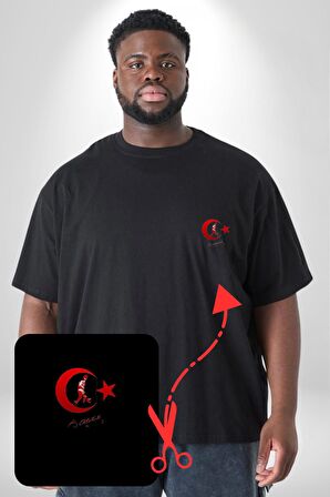 Ay Yıldız Kırmızı Kemal Atatürk İmza Siyah Büyük Beden Kadın Basic Minimal Baskılı Tişört