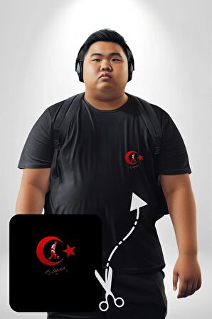 Ay Yıldız Kırmızı Kemal Atatürk İmza Siyah Büyük Beden Kadın Basic Minimal Baskılı Tişört