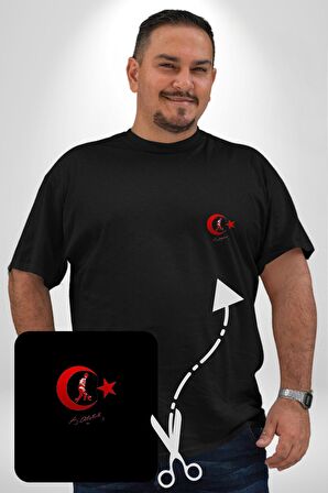 Ay Yıldız Kırmızı Kemal Atatürk İmza Siyah Büyük Beden Kadın Basic Minimal Baskılı Tişört