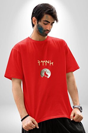 Türk Kurt Beyaz Ay Pamuklu Bisiklet Yaka Kadın Erkek Oversize Boyfriend Dijital Baskılı Kırmızı T-Shirt