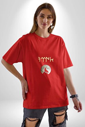 Türk Kurt Beyaz Ay Pamuklu Bisiklet Yaka Kadın Erkek Oversize Boyfriend Dijital Baskılı Kırmızı T-Shirt