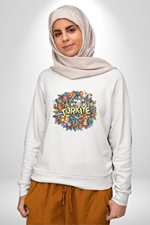 Turkiye Özel Karakterleri Kadın Erkek  Beyaz Baskılı Sweatshirt 