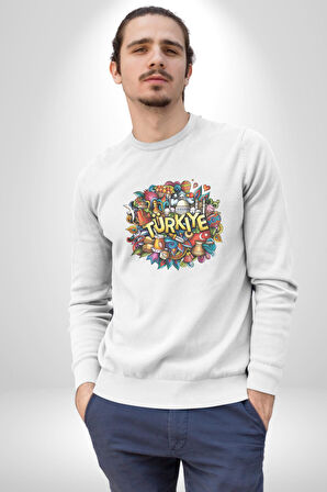 Turkiye Özel Karakterleri Kadın Erkek  Beyaz Baskılı Sweatshirt 