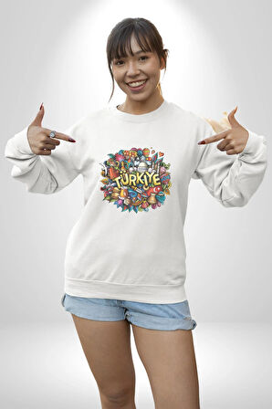 Turkiye Özel Karakterleri Kadın Erkek  Beyaz Baskılı Sweatshirt 