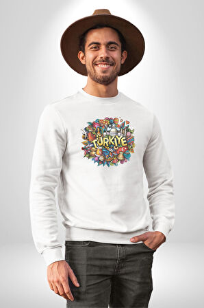 Turkiye Özel Karakterleri Kadın Erkek  Beyaz Baskılı Sweatshirt 