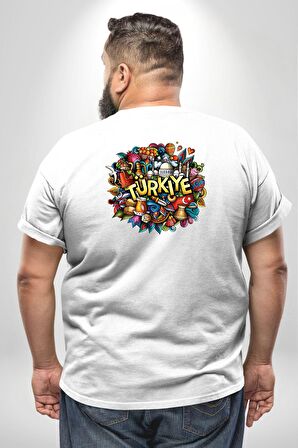 Turkiye Özel Karakterleri Büyük Beden Beyaz Tişört Kadın Erkek Ünisex Sırt Baskılı