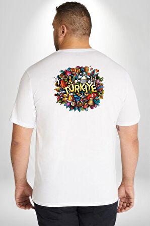 Turkiye Özel Karakterleri Büyük Beden Beyaz Tişört Kadın Erkek Ünisex Sırt Baskılı