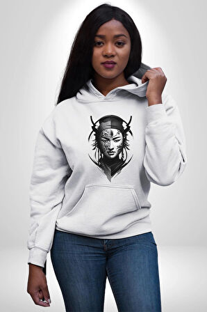 Asyalı Samuray Siyah Beyaz Dövmeli Çift Yüz Kadın Erkek  Beyaz Kapüşonlu Sweatshirt Hoodie