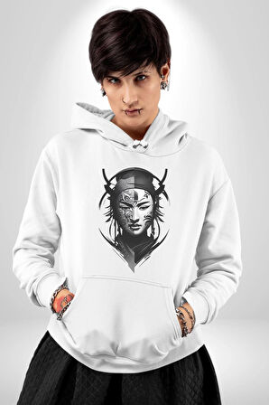 Asyalı Samuray Siyah Beyaz Dövmeli Çift Yüz Kadın Erkek  Beyaz Kapüşonlu Sweatshirt Hoodie