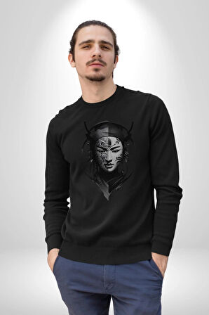 Asyalı Samuray Siyah Beyaz Dövmeli Çift Yüz Kadın Erkek  Siyah Baskılı Sweatshirt 