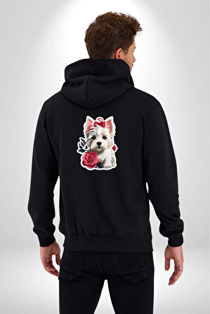 Beyaz Highland Teriyeri Kırmızı Gül Kadın Erkek Siyah Renk Kapüşonlu Kanguru Cepli  Fermuarlı Pamuklu Oversize Dijital Baskılı Hırka Sweatshirt