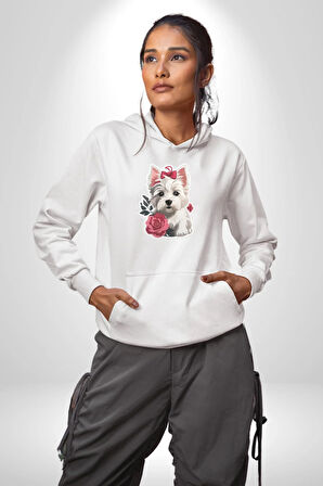 Beyaz Highland Teriyeri Kırmızı Gül Kadın Erkek  Beyaz Kapüşonlu Sweatshirt Hoodie