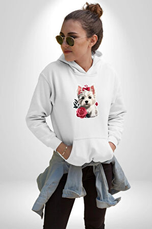 Beyaz Highland Teriyeri Kırmızı Gül Kadın Erkek  Beyaz Kapüşonlu Sweatshirt Hoodie