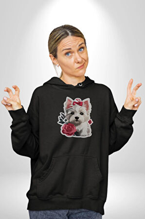 Beyaz Highland Teriyeri Kırmızı Gül Kadın Erkek  Siyah Kapüşonlu Sweatshirt Hoodie
