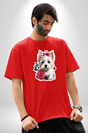 Beyaz Highland Teriyeri Kırmızı Gül Pamuklu Bisiklet Yaka Kadın Erkek Oversize Boyfriend Dijital Baskılı Kırmızı T-Shirt