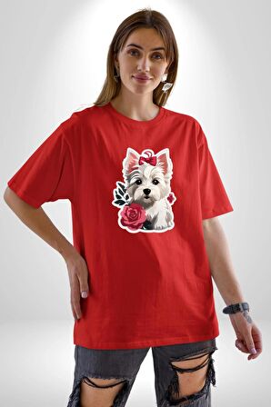 Beyaz Highland Teriyeri Kırmızı Gül Pamuklu Bisiklet Yaka Kadın Erkek Oversize Boyfriend Dijital Baskılı Kırmızı T-Shirt