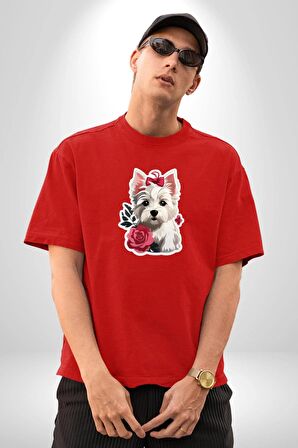 Beyaz Highland Teriyeri Kırmızı Gül Pamuklu Bisiklet Yaka Kadın Erkek Oversize Boyfriend Dijital Baskılı Kırmızı T-Shirt
