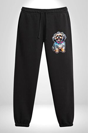 Shih Tzu Renkli Köpek Pamuklu 3 İplik Siyah Eşofman Altı Erkek Oversize Kesim Dijital Baskılı