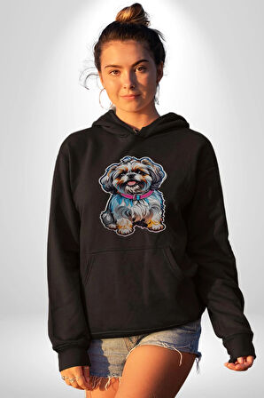 Shih Tzu Renkli Köpek Kadın Erkek  Siyah Kapüşonlu Sweatshirt Hoodie