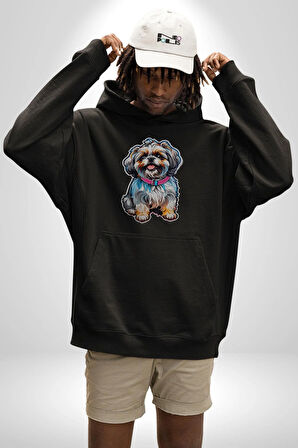Shih Tzu Renkli Köpek Kadın Erkek  Siyah Kapüşonlu Sweatshirt Hoodie
