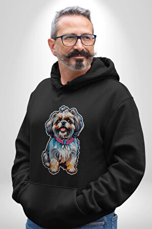 Shih Tzu Renkli Köpek Kadın Erkek  Siyah Kapüşonlu Sweatshirt Hoodie