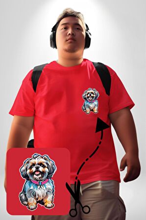 Shih Tzu Renkli Köpek Kırmızı Büyük Beden Kadın Basic Minimal Baskılı Tişört