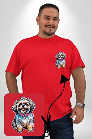Shih Tzu Renkli Köpek Kırmızı Büyük Beden Kadın Basic Minimal Baskılı Tişört