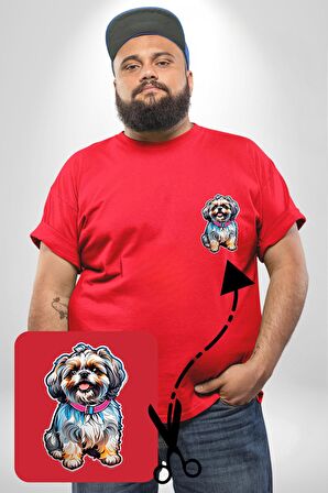 Shih Tzu Renkli Köpek Kırmızı Büyük Beden Kadın Basic Minimal Baskılı Tişört