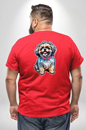 Shih Tzu Renkli Köpek Büyük Beden Kırmızı Tişört Kadın Erkek Ünisex Sırt Baskılı