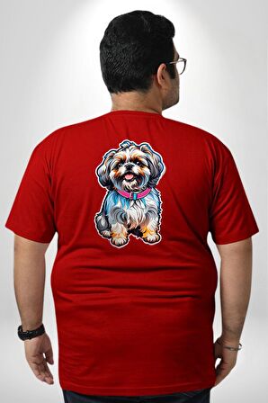 Shih Tzu Renkli Köpek Büyük Beden Kırmızı Tişört Kadın Erkek Ünisex Sırt Baskılı