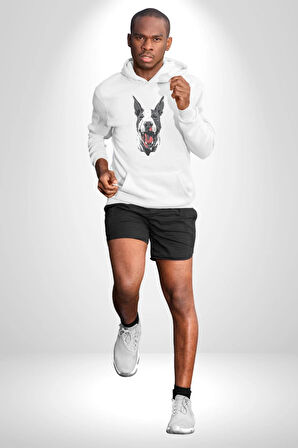 Doberman Kırmızı Dil Siyah Dik Kulak Kadın Erkek  Beyaz Kapüşonlu Sweatshirt Hoodie