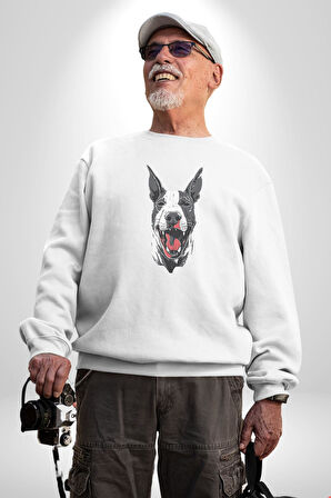 Doberman Kırmızı Dil Siyah Dik Kulak Kadın Erkek  Beyaz Baskılı Sweatshirt 
