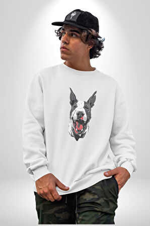 Doberman Kırmızı Dil Siyah Dik Kulak Kadın Erkek  Beyaz Baskılı Sweatshirt 