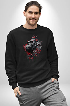 Çiçekli Goril  Doğa Kadın Erkek  Siyah Baskılı Sweatshirt 
