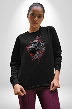 Çiçekli Goril  Doğa Kadın Erkek  Siyah Baskılı Sweatshirt 