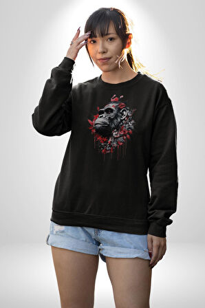 Çiçekli Goril  Doğa Kadın Erkek  Siyah Baskılı Sweatshirt 