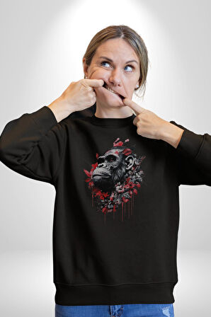 Çiçekli Goril  Doğa Kadın Erkek  Siyah Baskılı Sweatshirt 